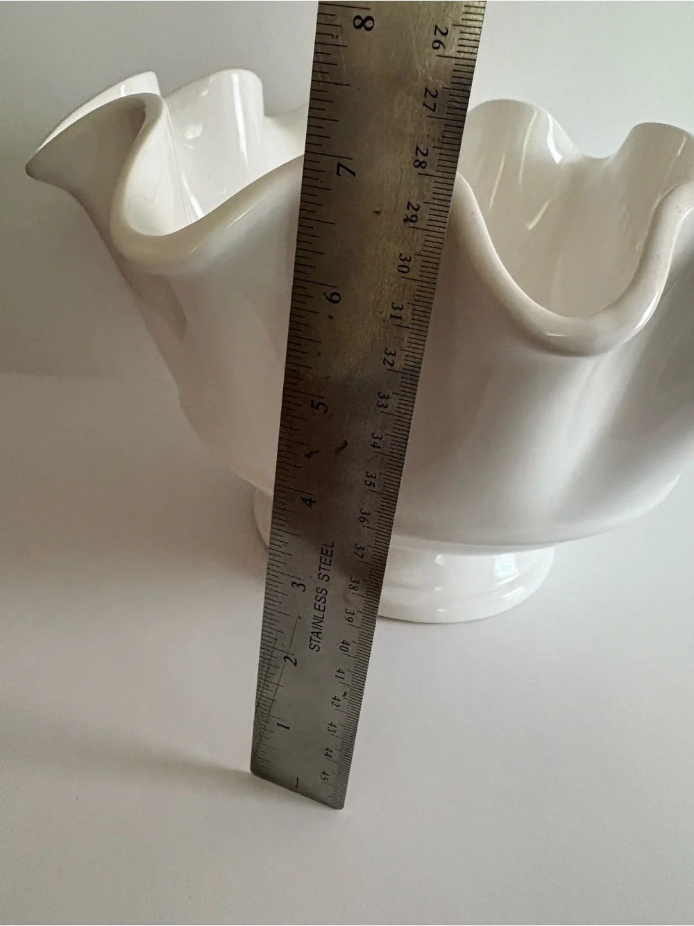 Vintage Pier 1 White Ruffled Pedestal Bowl, Dolomite Ceramic Handkerchief Bowl